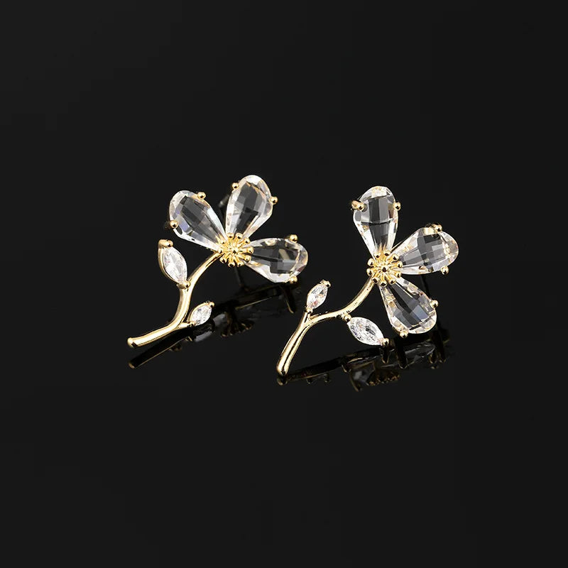 Elegant Crystal Zircon Flower Stem Stud & Clip On No Piercing Gold Alloy Women's Fashion Earrings