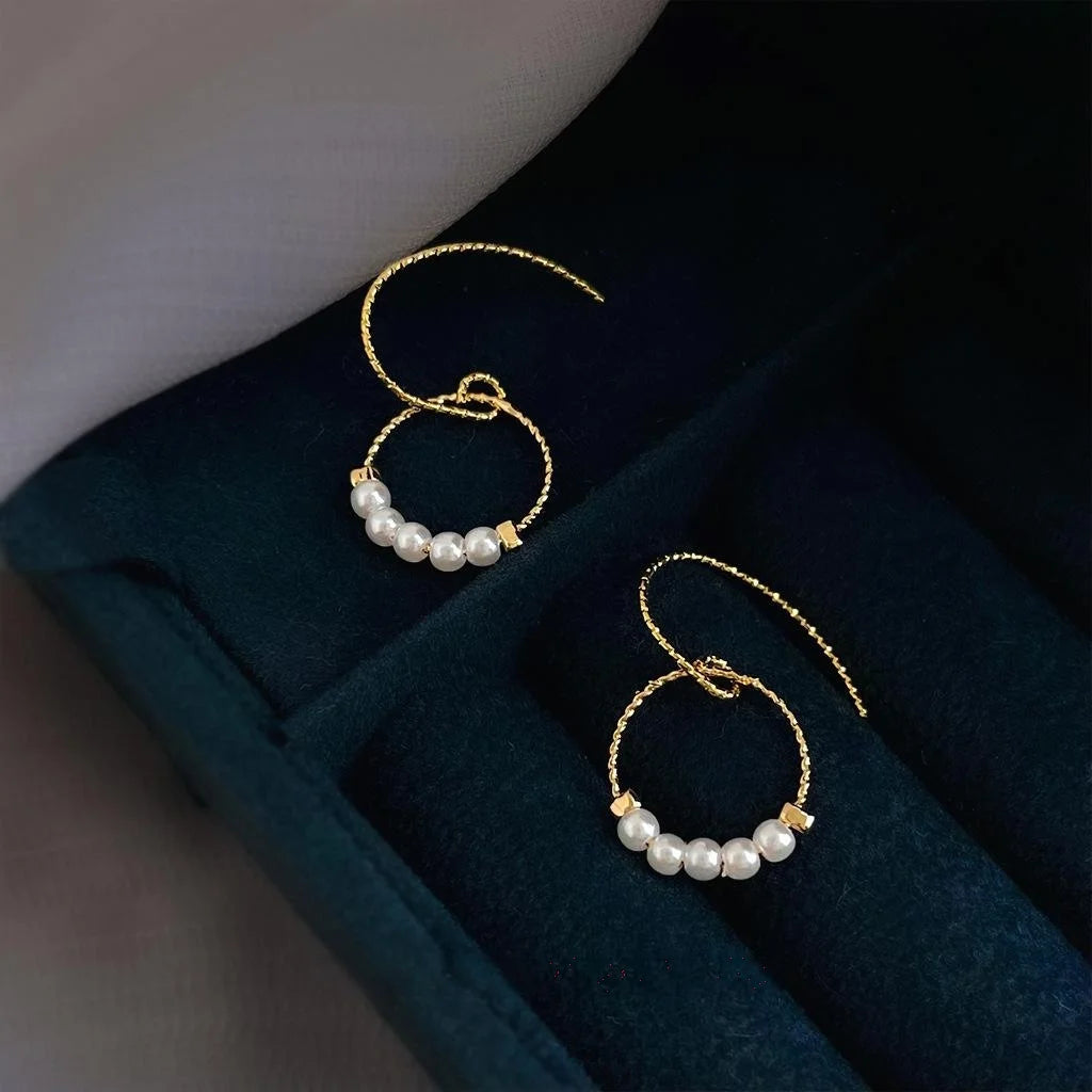 Minimalist Copper Round Geometric Hollow Pearl Drop Earrings, Handmade Elegant Jewelry