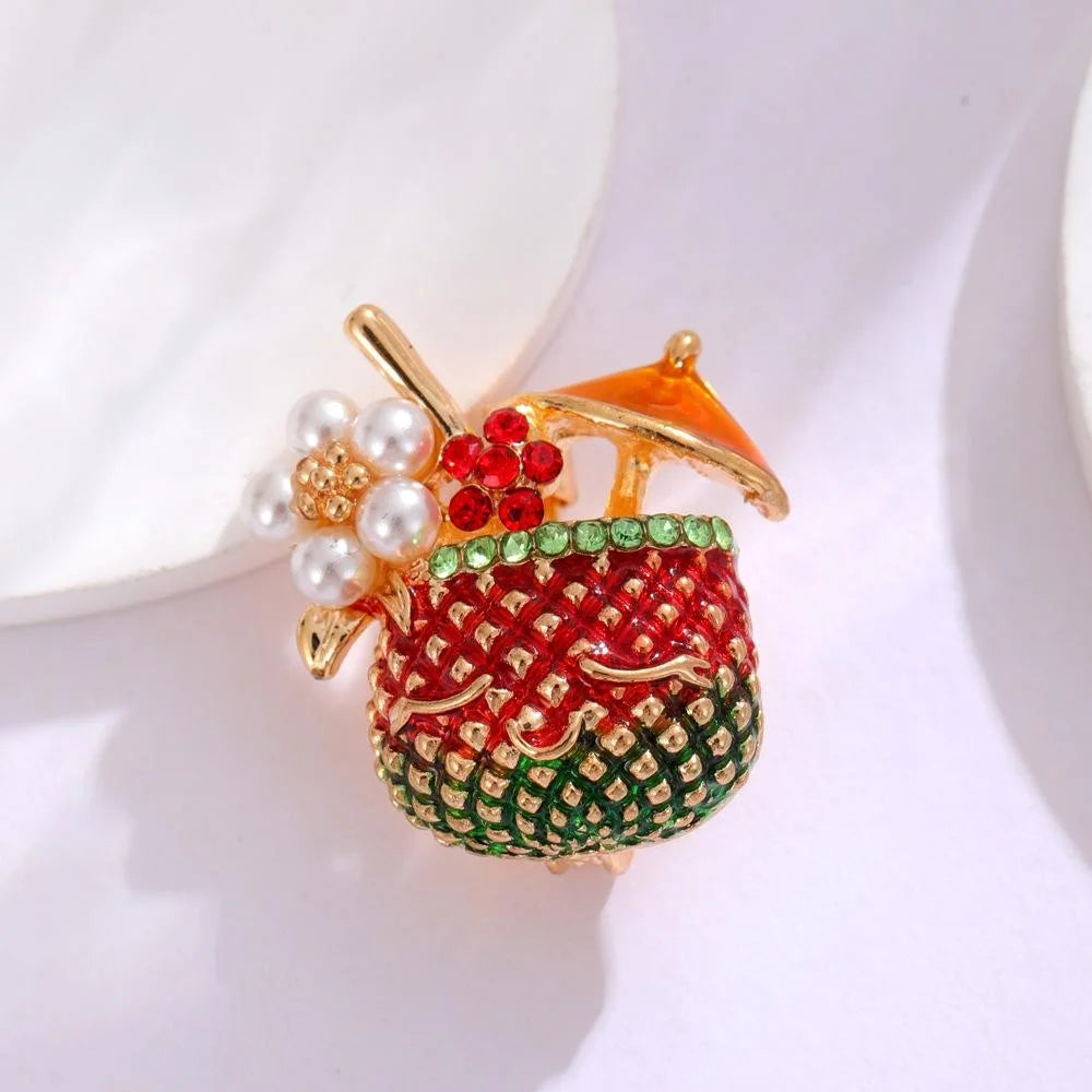 Cute Coconut Juice Cup Brooch With Pearl Rhinestone Enamel, Elegant Lapel Pin Corsage Suit Accessory Gift
