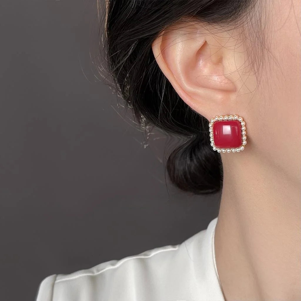 French Vintage Burgundy Geometric Square Zinc Alloy Stud Earrings For Women