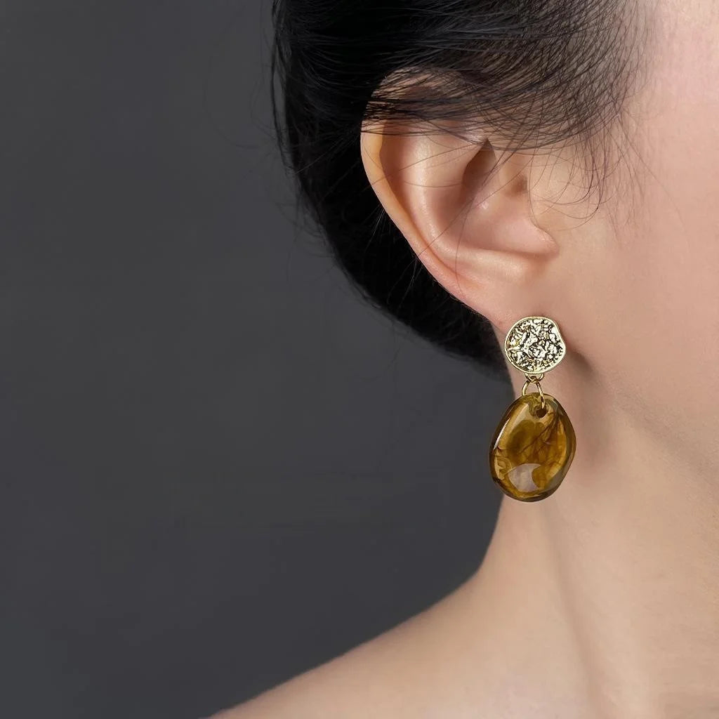 French Vintage Wine Red Irregular Geometric Resin Stud Earrings Handmade Elegant Office Style