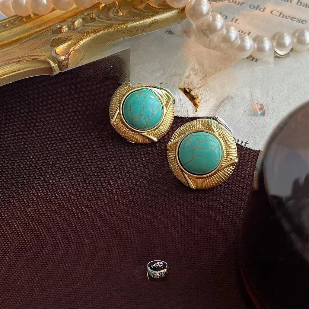 Vintage Chinese Style Synthetic Turquoise Round Geometric 14K Plated Stud Earrings