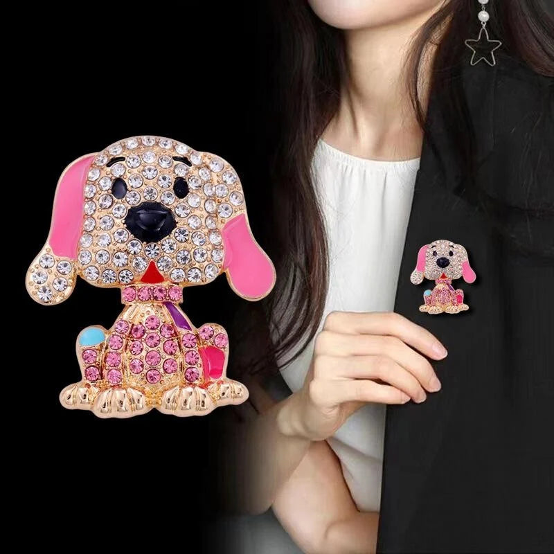 Cute Cartoon Puppy Rhinestone Enamel Alloy Brooch, Luxury Dog Lapel Pin Corsage For Suit Coat Gift