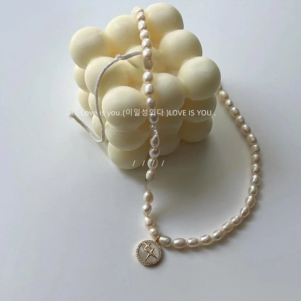 14K Plated Freshwater Pearl Zircon Geometric Round Adjustable Clavicle Necklace