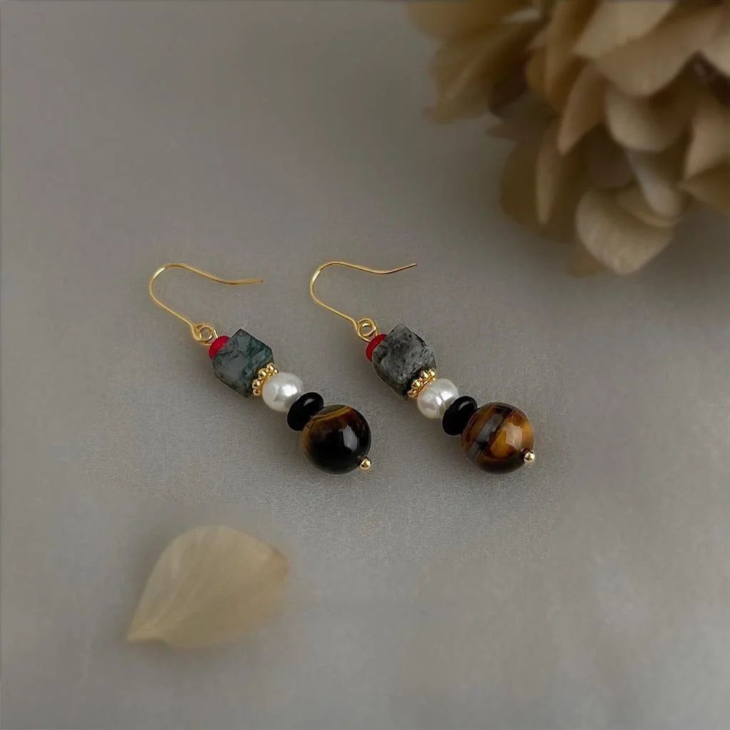 Handmade Tiger Eye Stone Freshwater Pearl Geometric Drop Earrings Ethnic Vintage Chinese Style