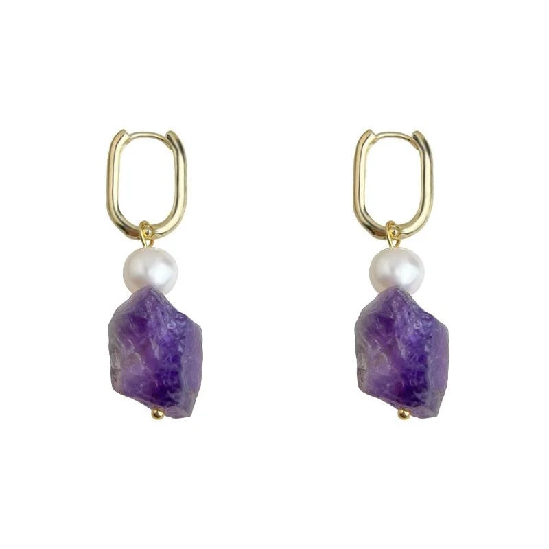 Light Luxury Irregular Geometric Freshwater Pearl Amethyst Natural Stone Drop Earrings For Women