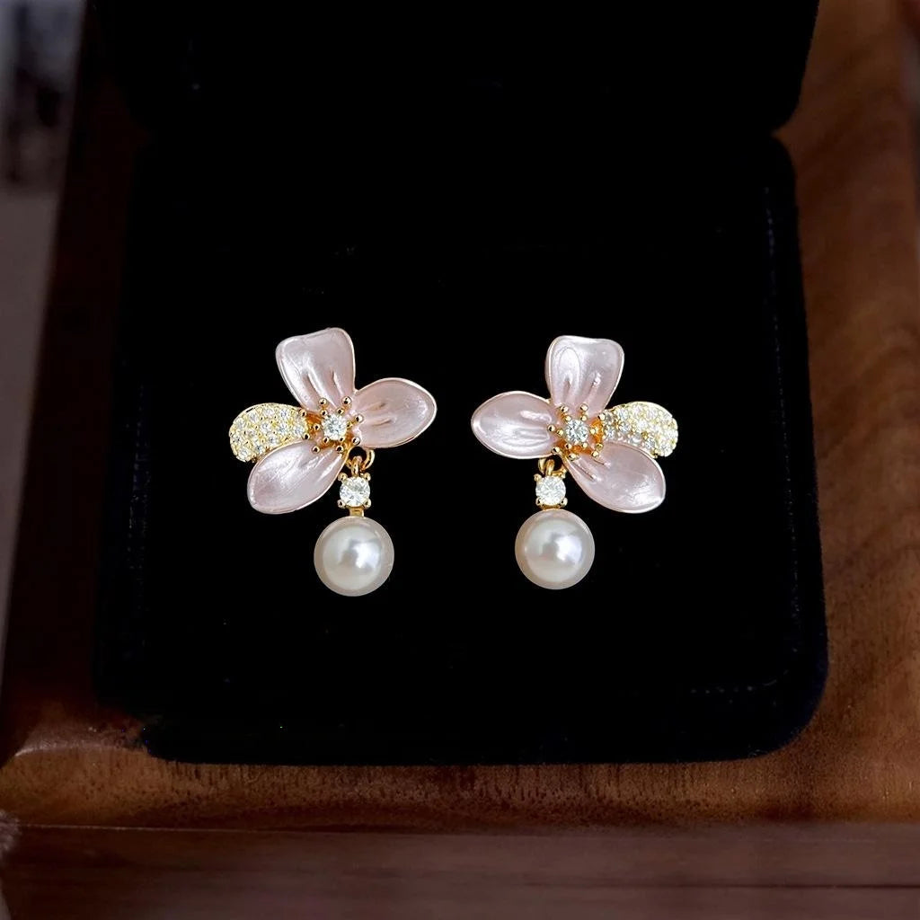 Sweet Elegant Floral Drop Earrings With Micro Pave Zircon And Hand Painted Glass Pearl Flowers