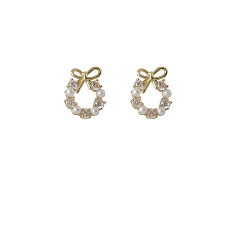 14K Gold Plated Copper Micro Pave Zircon Bow Stud Earrings Sweet Korean Style