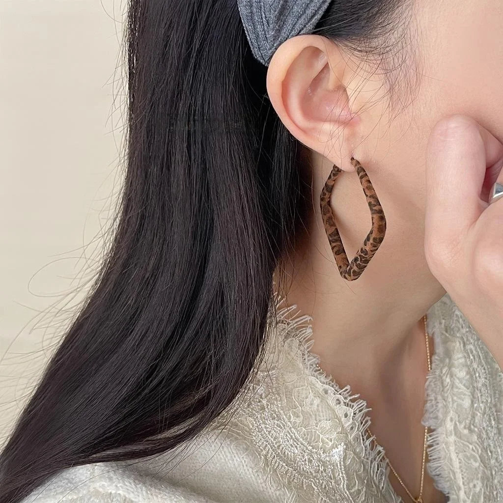 Vintage Copper Leopard Flocked Square Geometric Hoop Earrings For Women
