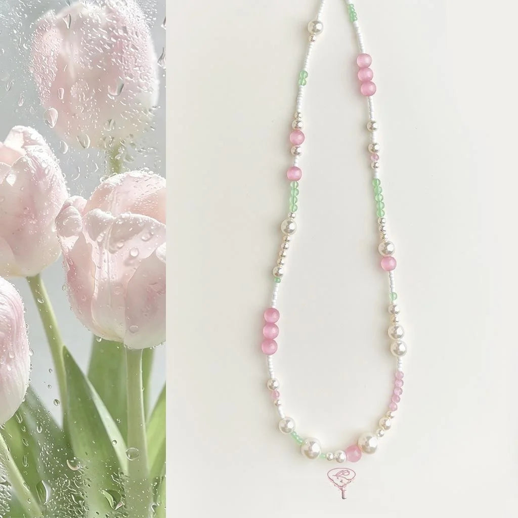 Pink Glass Crystal Cat Eye Stone Geometric Two Way Handmade Sweet Girl Collarbone Necklace