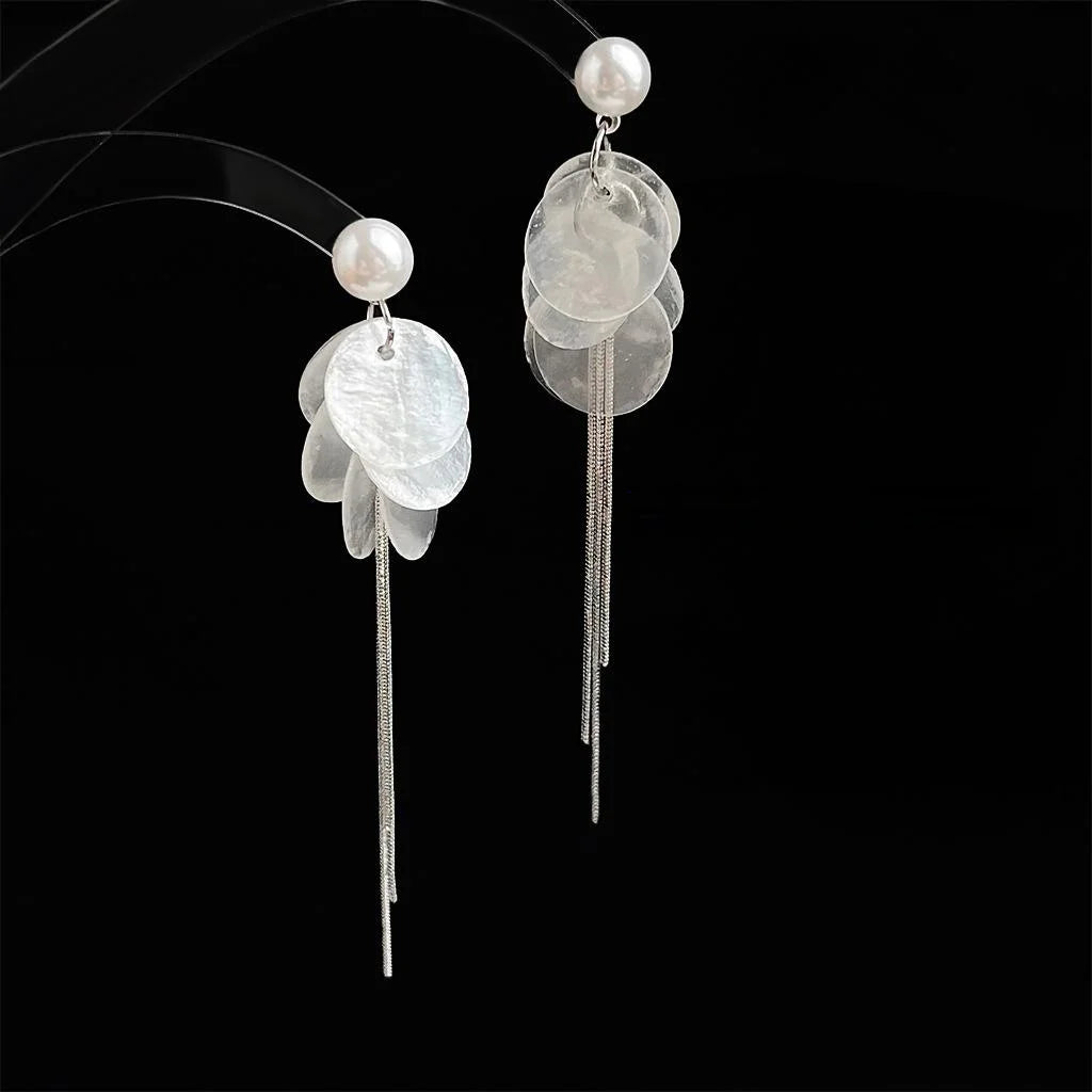 Natural Shell Long Tassel Drop Earrings, Geometric Round Designer Vacation Style Jewelry