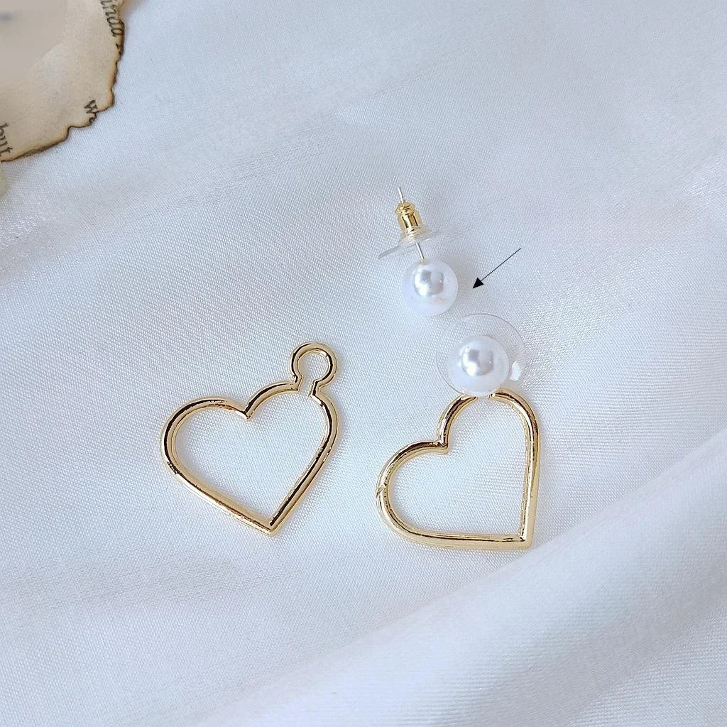 14K Gold Plated Alloy Hollow Heart Pearl Stud Earrings, Minimalist Two-Way European Style