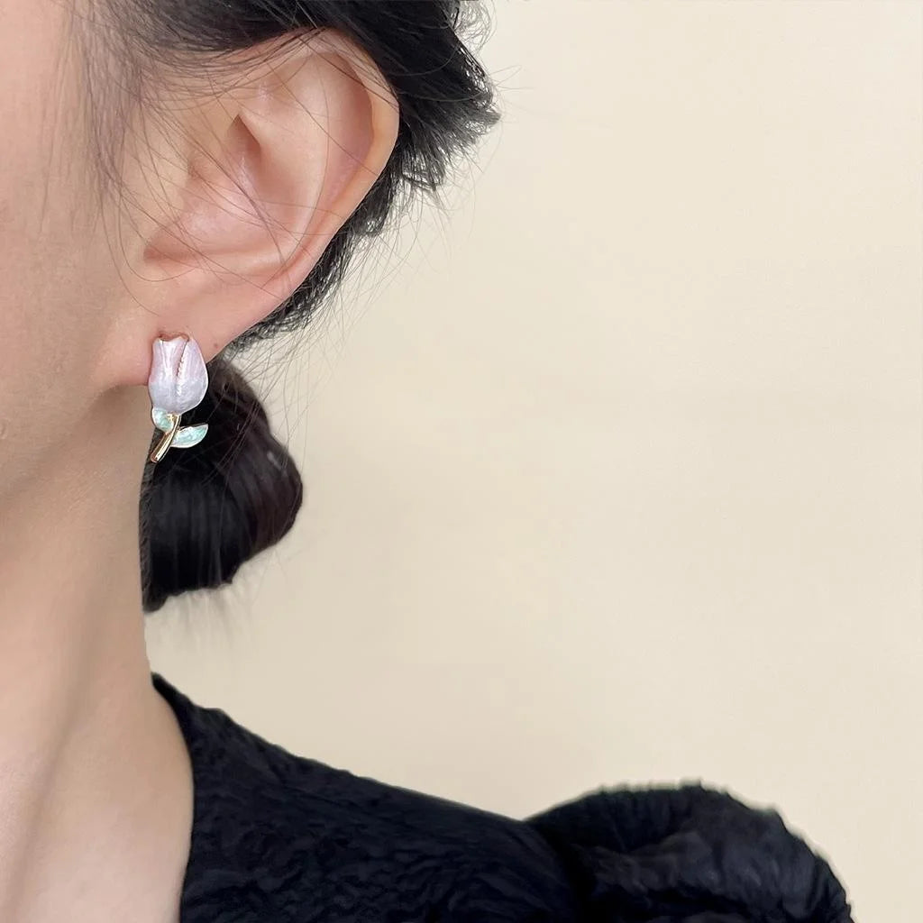 Sweet Gradient Pink Tulip Stud Earrings Alloy Floral Korean Style Cute Flower Jewelry for Women