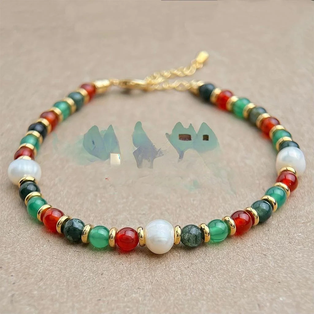 Natural Green Phantom Quartz Red And Green Agate Freshwater Pearl Geometric Ethnic Bracelet