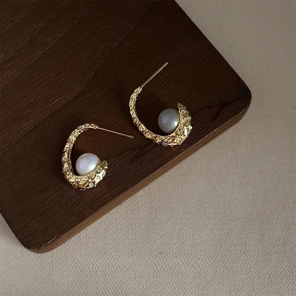French Vintage Textured Oval Spoon Stud Earrings Copper And Pearl Accent