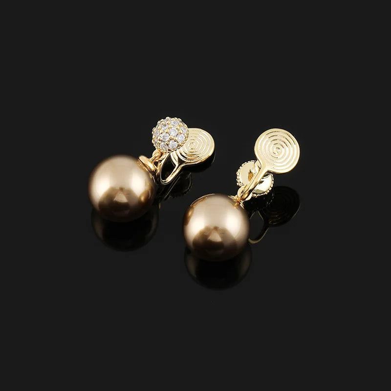 Elegant Brown Pearl Drop Zircon Spiral Stud & Clip On No Piercing Luxury Fashion Earrings
