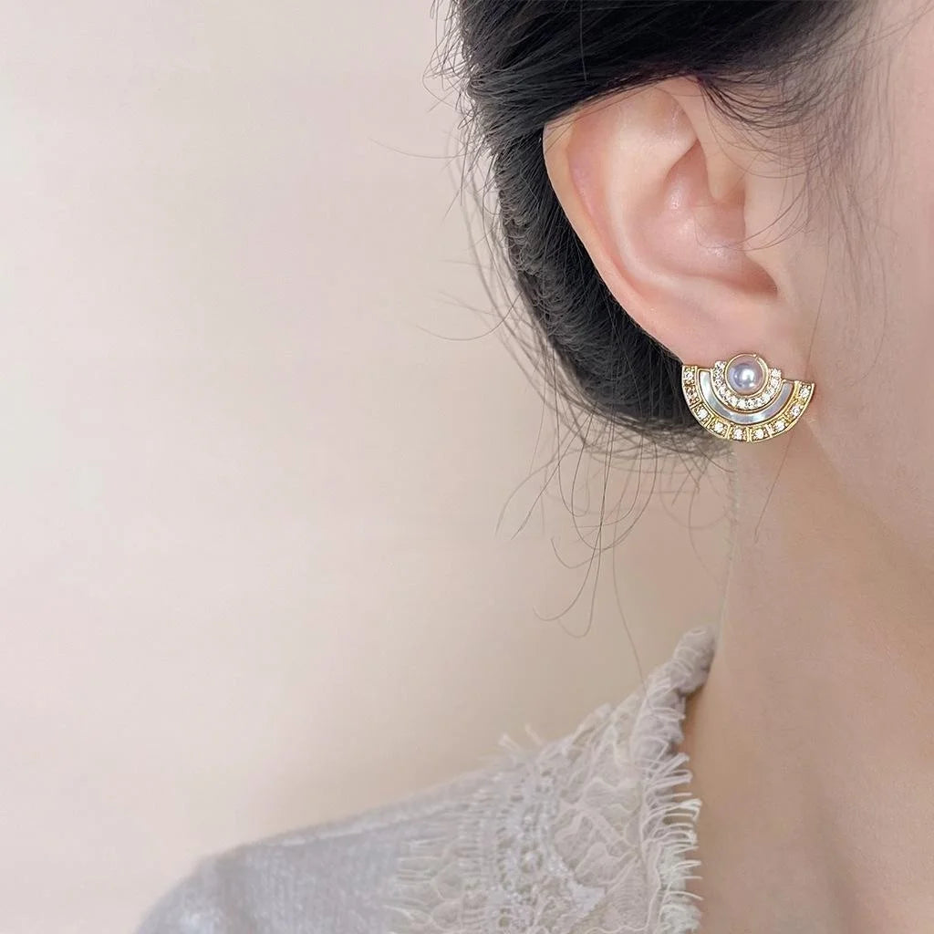 14K Plated Copper Real Shell Pearl Zircon Fan Geometric Stud Earrings For Women