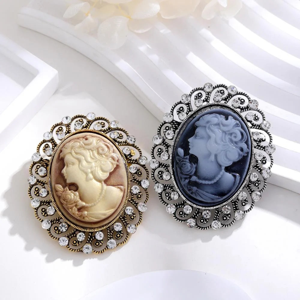 Vintage Victorian Queen Cameo Brooch With Rhinestone Alloy Filigree Frame, Elegant Lapel Pin Suit Accessory