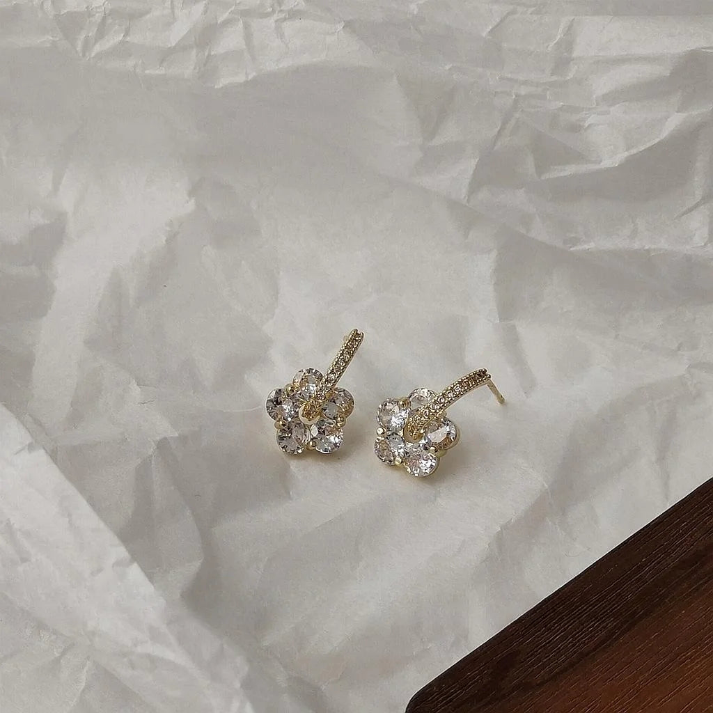 14K Gold Plated Copper Zircon Flower Stud Earrings For Women Japanese Korean Sweet Style