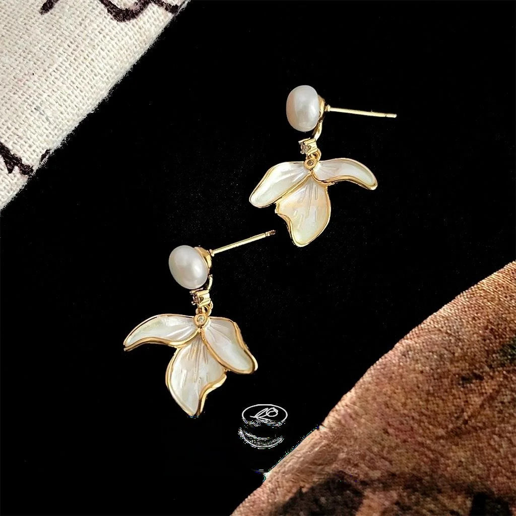 14K Gold Plated Copper Freshwater Pearl Micro Pave Zircon Iris Flower Sweet Drop Earrings
