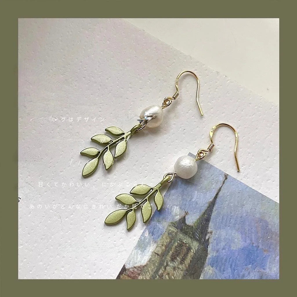 Forest Style Freshwater Pearl Leaf Drop Earrings With Silver Plated Pins, Green Handmade Jewelry