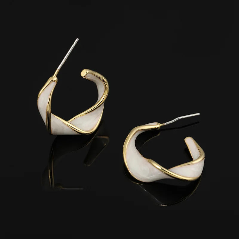 Elegant French White Enamel Spiral C Hoop Alloy Stud & Clip On No Piercing Statement Earrings