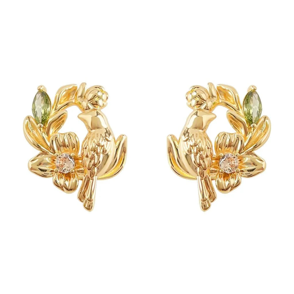 Light Luxury Copper Zircon Flower Wreath Bird Stud Earrings