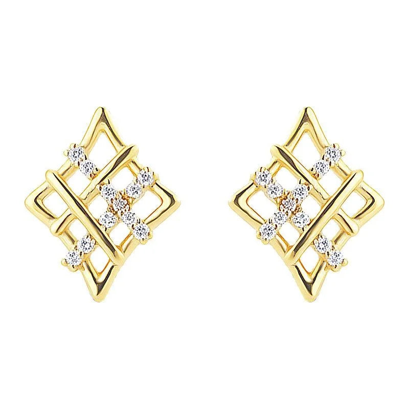 Light Luxury Geometric Zircon Grid Stud Earrings, Copper Alloy
