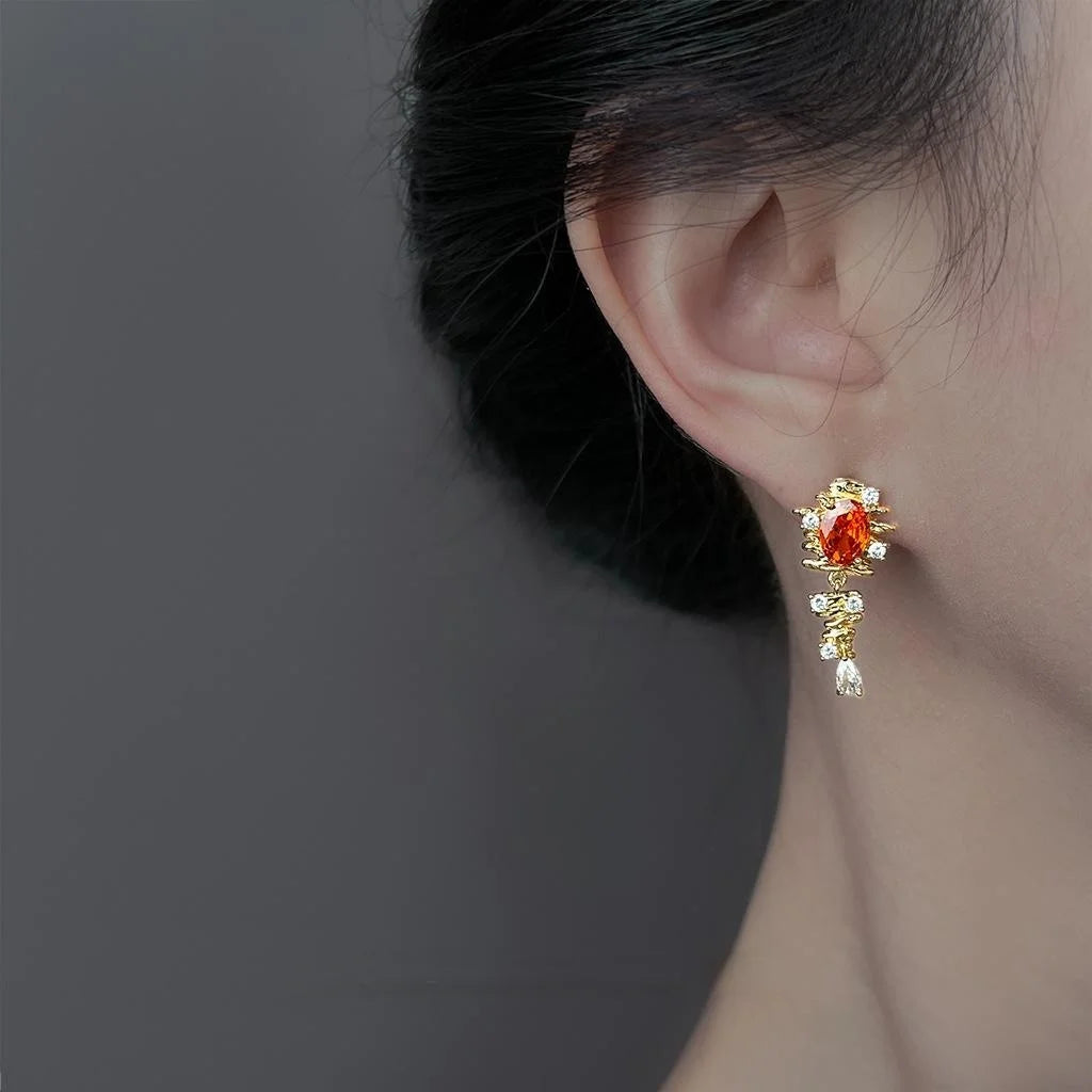 Vintage Ethnic Copper Orange Red Zircon Crown Tassel Chain Drop Earrings