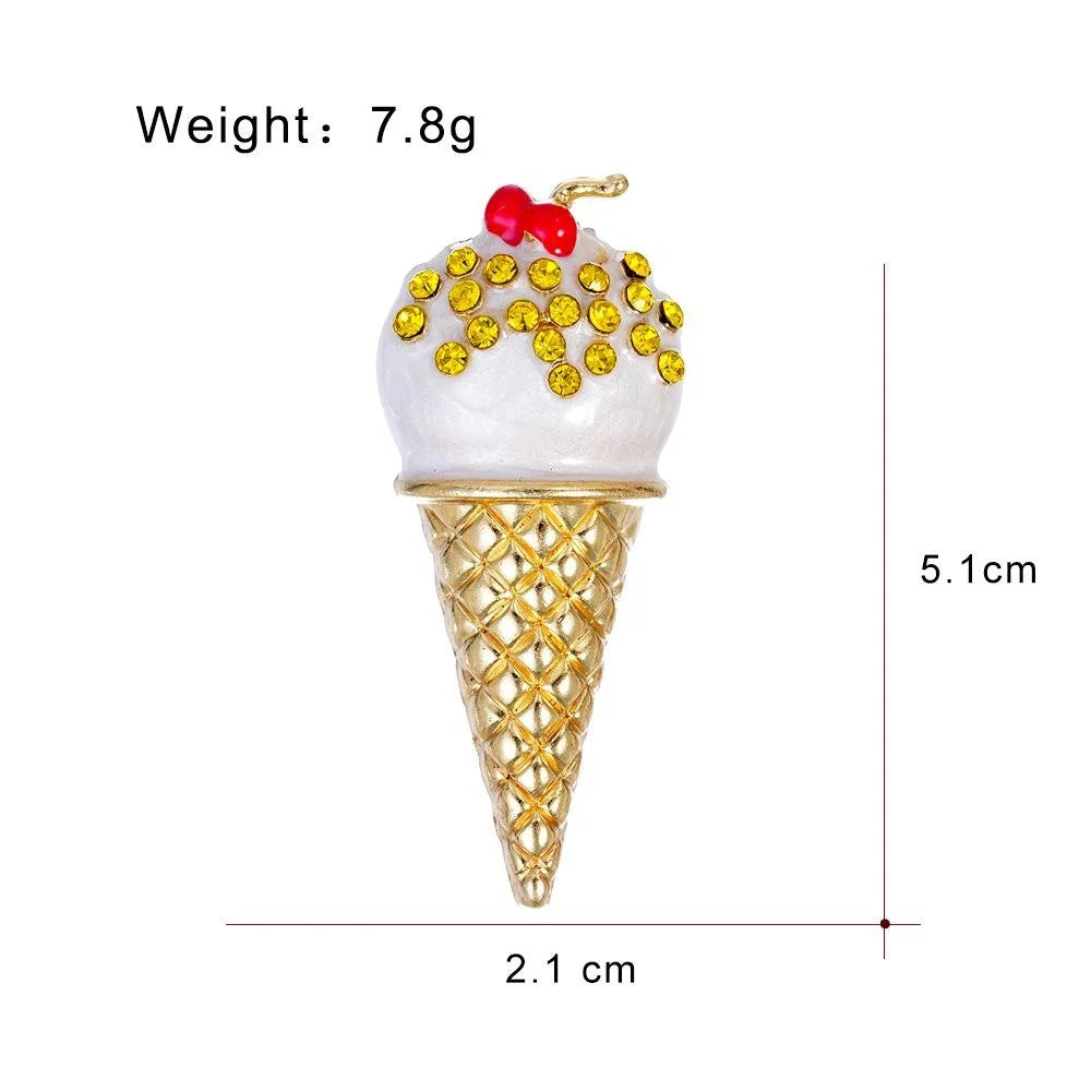 Cute Rhinestone Enamel Ice Cream Cone Brooch With Cherry, Gold Alloy Lapel Pin Corsage Gift