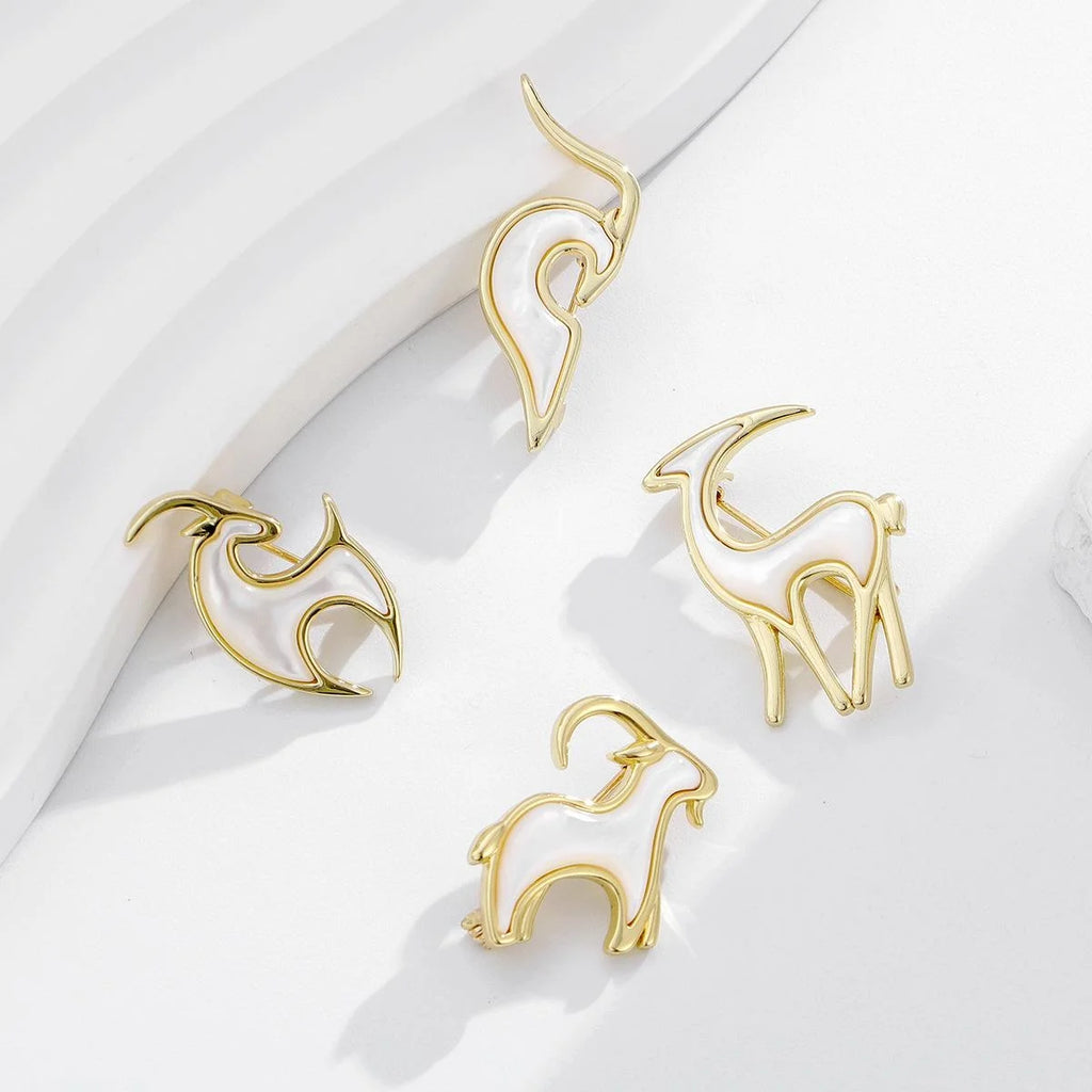Elegant Zodiac Goat Brooch With Mother Of Pearl Inlay, Gold Tone Alloy Lapel Pin Corsage Gift