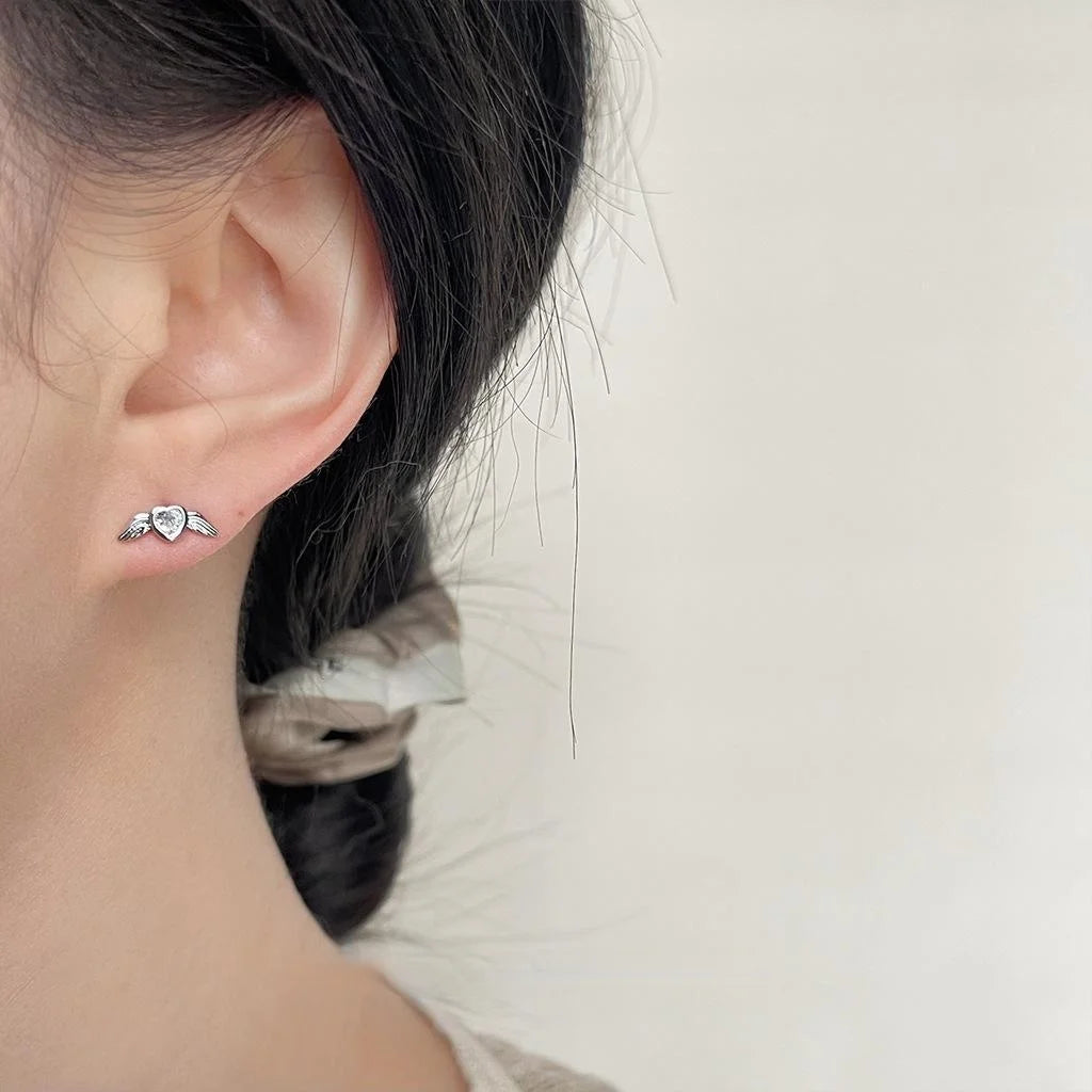 Minimalist Copper Micro Pave Zircon Heart Angel Wing Stud Earrings For Women
