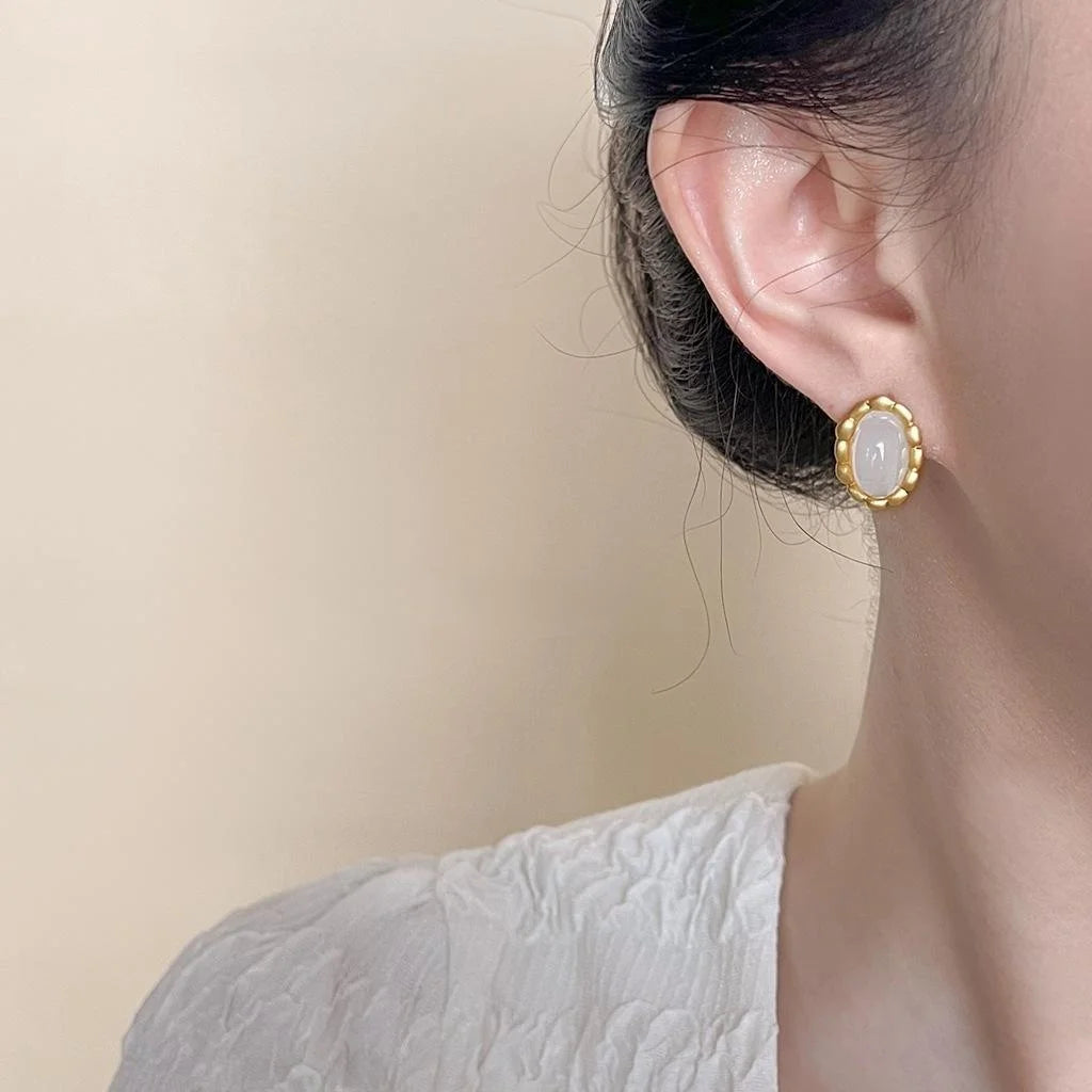 French Vintage Matte Gold Oval Lace Copper Resin Stud Earrings With Silver Plated Pins