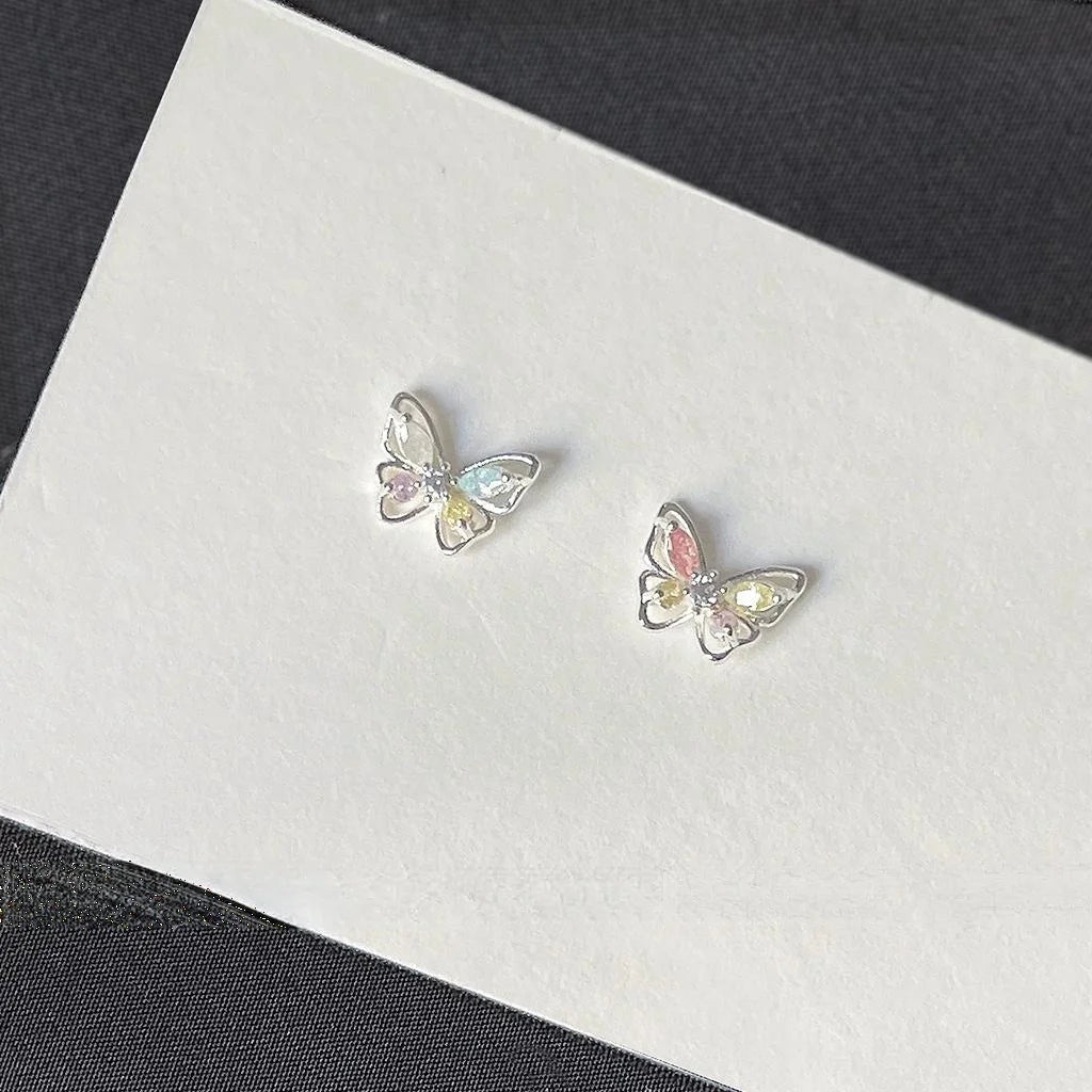 Mini Butterfly Stud Earrings Silver Plated Copper Micro Pave Colorful Zircon Korean Style