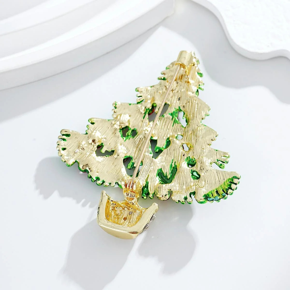 Elegant Enamel Christmas Tree Brooch With Red Rhinestones, Holiday Lapel Pin Corsage Suit Accessory Gift