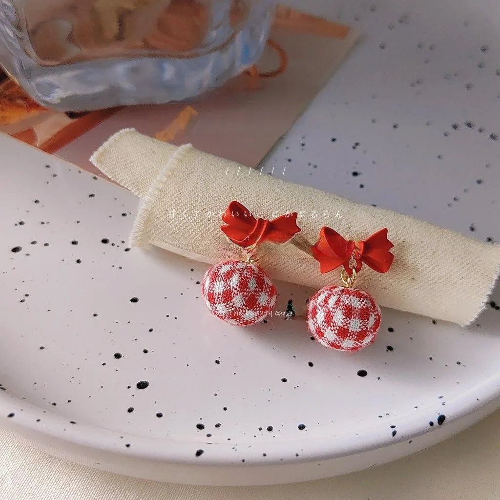 Japanese Korean Sweet Red Bow Plaid Pom Pom Stud Earrings With Silver Plated Pins