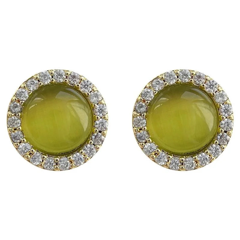 Light Luxury 14K Gold Plated Copper Round Green Cat Eye Glass Zircon Stud Earrings