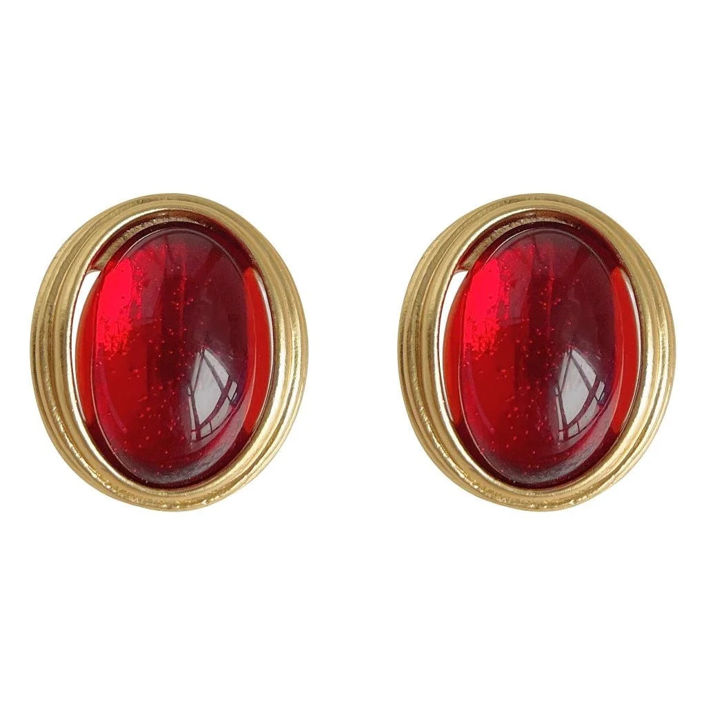 French Vintage Burgundy Oval Copper Stud Earrings 14K Gold Plated Matte Geometric Hong Kong Style