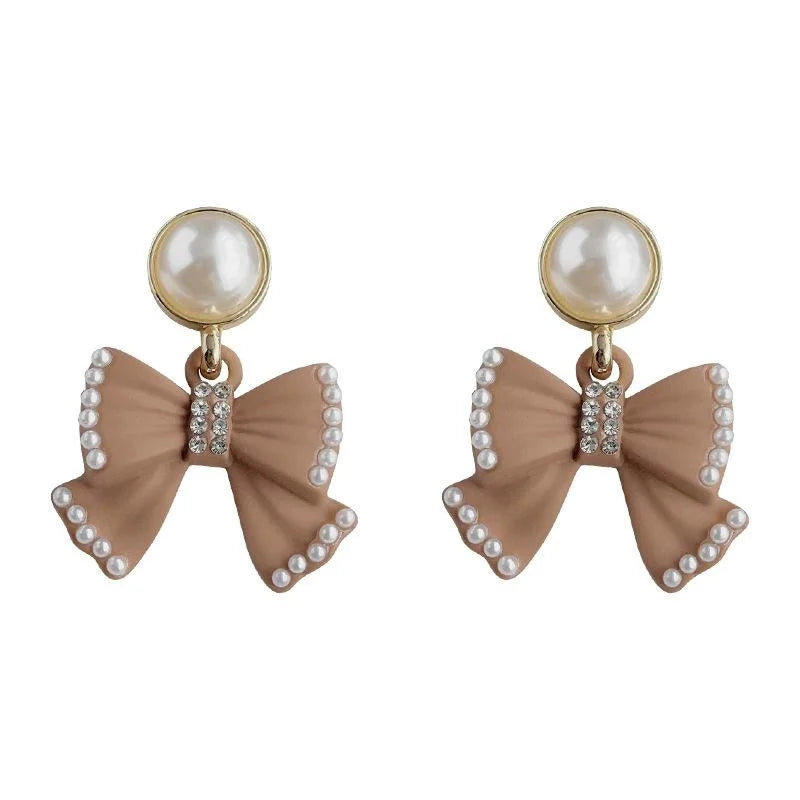 Princess Style Pink Pearl Bow Drop Earrings Copper Handmade Knot Elegant Cute Jewelry