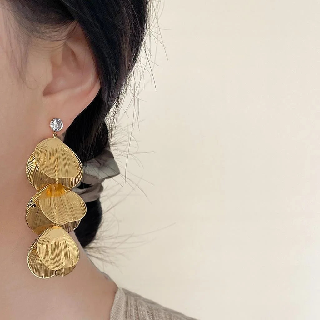 18K Gold Plated Copper Hollow Leaf Tassel Drop Earrings Elegant Evening Geometric Jewelry