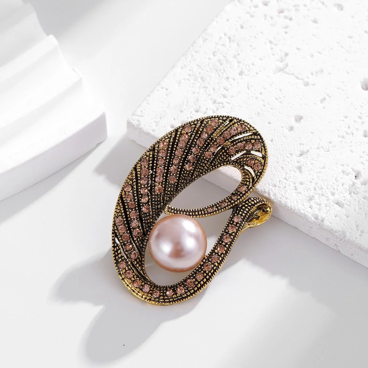 Vintage Gold Alloy Peacock Feather Brooch With Pearl And Champagne Rhinestones, Elegant Lapel Pin Gift