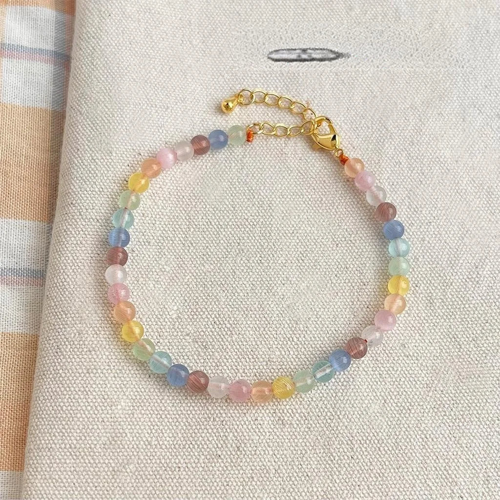 Glass Cat Eye Stone Sweet Dopamine Colorful Beaded Geometric Round Collarbone Necklace For Women