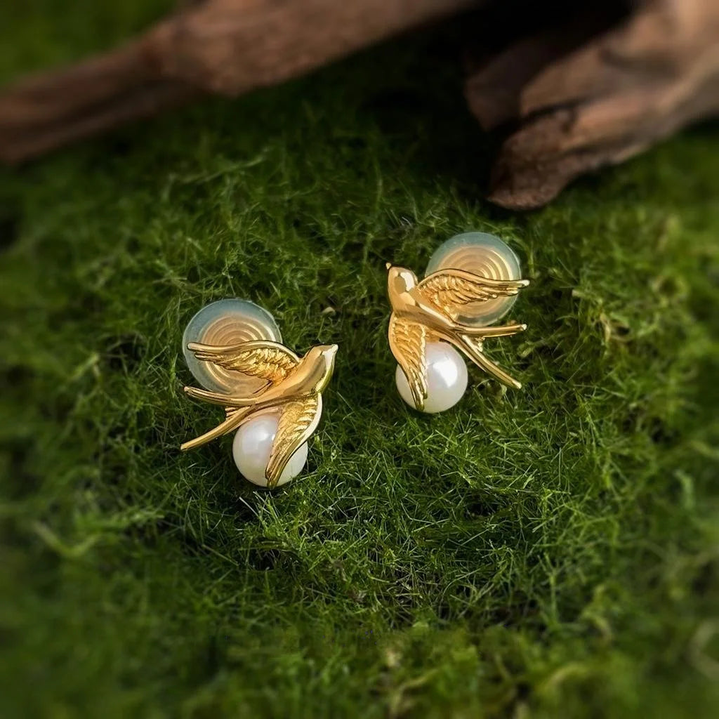 14K Plated Copper Glass Pearl Bird Stud Earrings Elegant Animal Design For Women