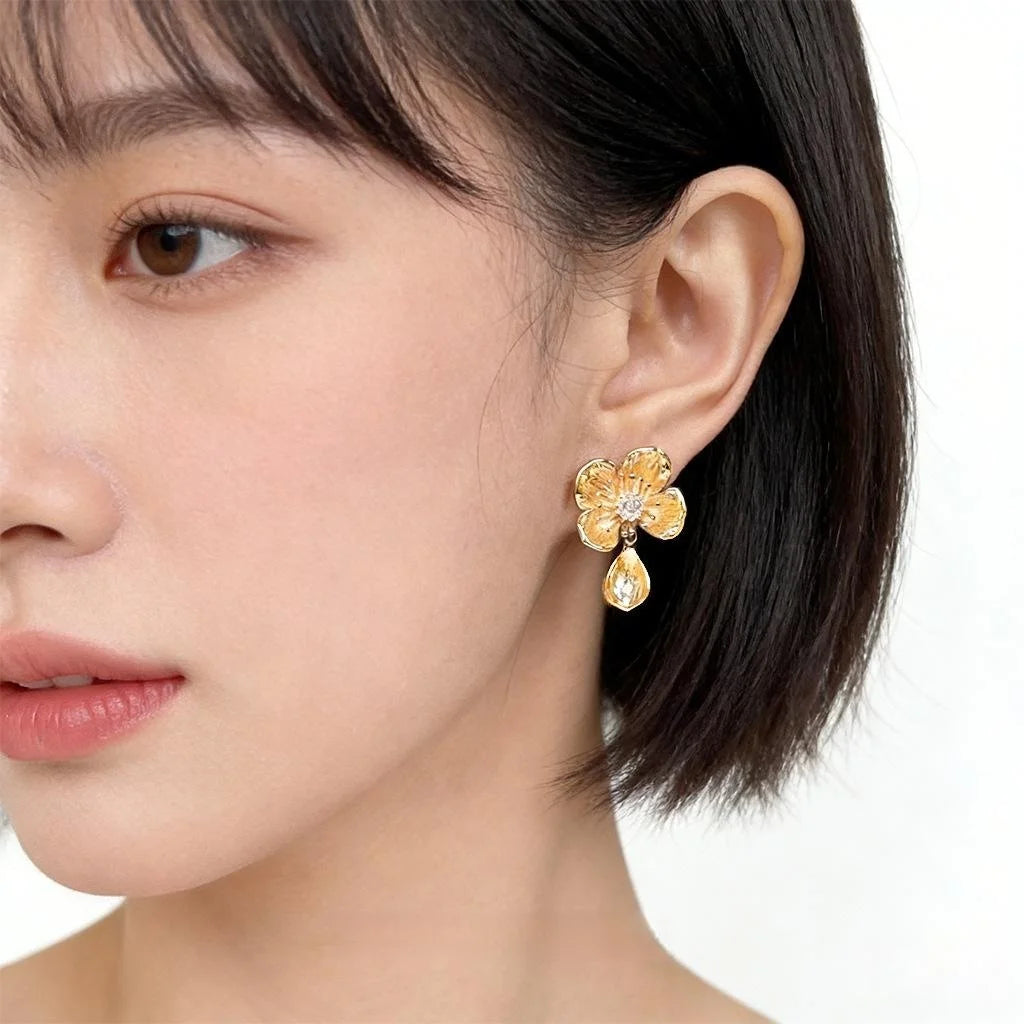 Vintage Floral Micro Pave Zircon Copper Drop Earrings