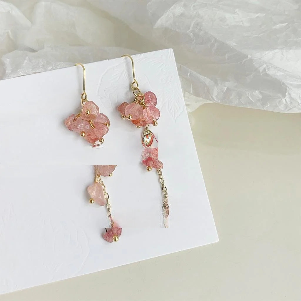 Handmade Strawberry Quartz Chip Stone Tassel Drop Earrings Forest Style Geometric Jewelry