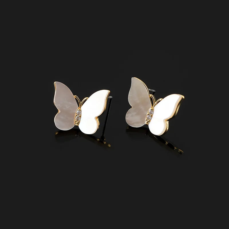 Elegant Natural Shell Butterfly Zircon Stud & Clip On No Piercing Light Luxury Women's Earrings