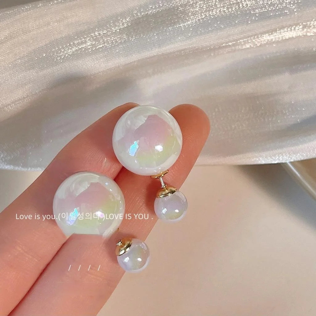 Two Way Resin Iridescent Pearl Stud Earrings With Silver Plated Pins Minimalist Korean Geometric Style