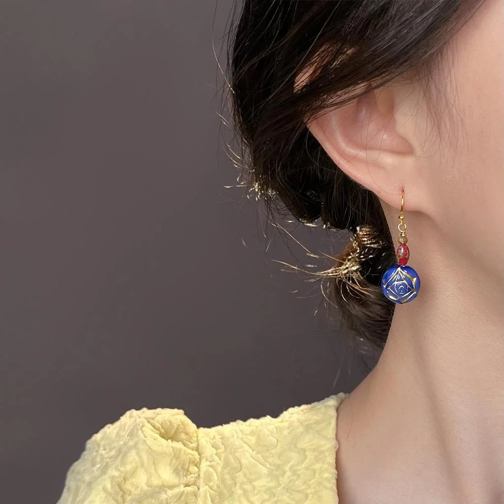 Vintage New Chinese Style Blue Glass Crystal Rose Geometric Round Drop Earrings