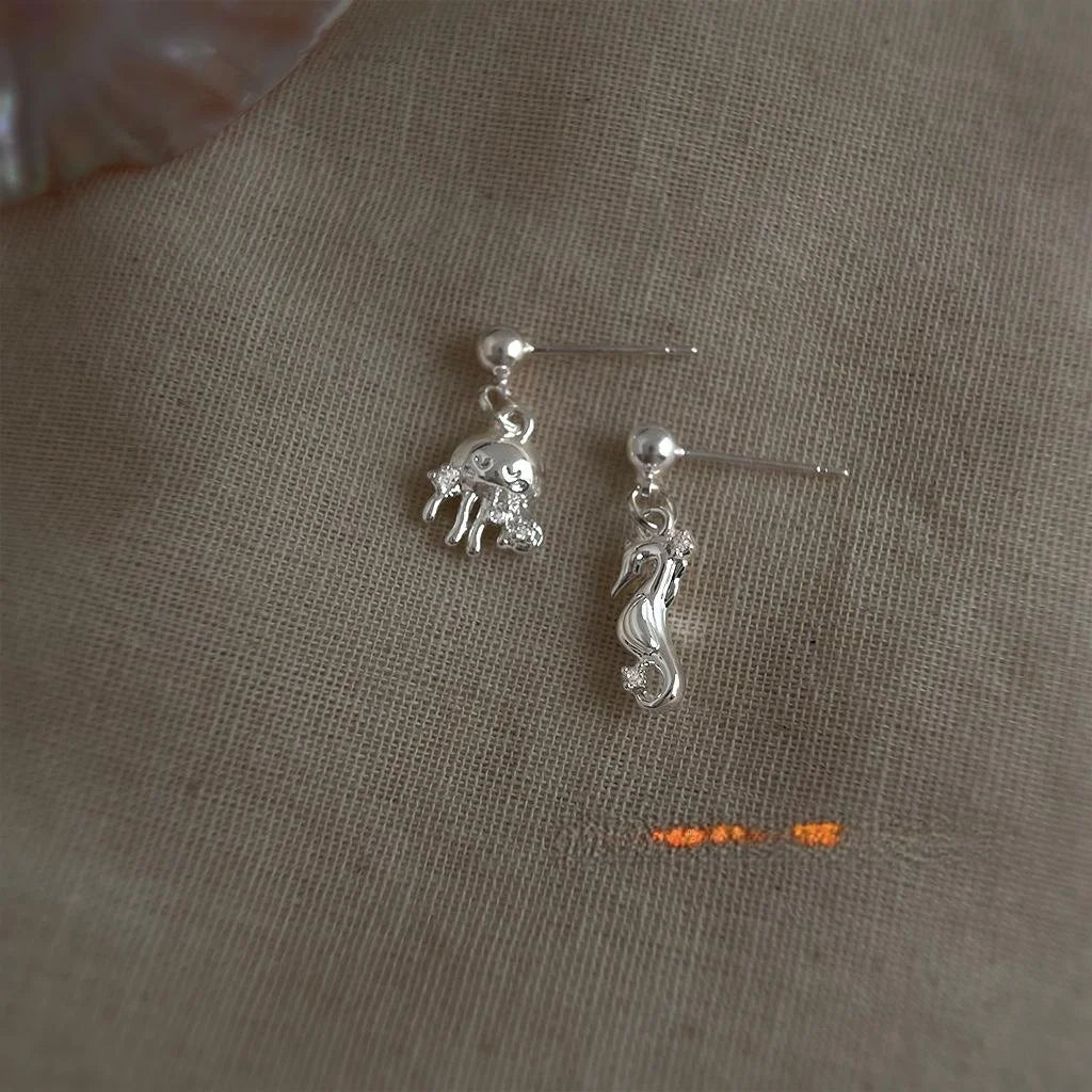 Cute Copper Seahorse Jellyfish Drop Earrings, Style Minimalist Ocean Animal Jewelry
