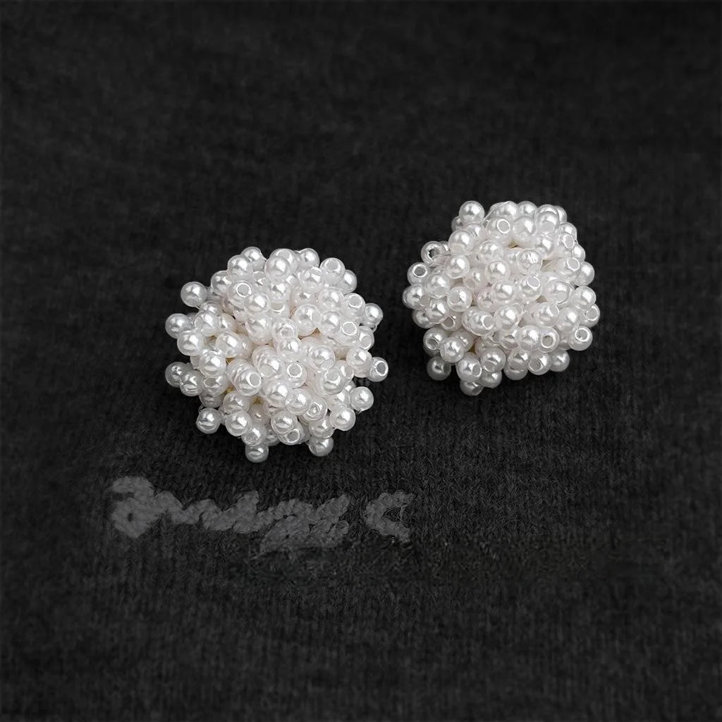 French Vintage Handmade White Faux Pearl Beaded Flower Stud Earrings